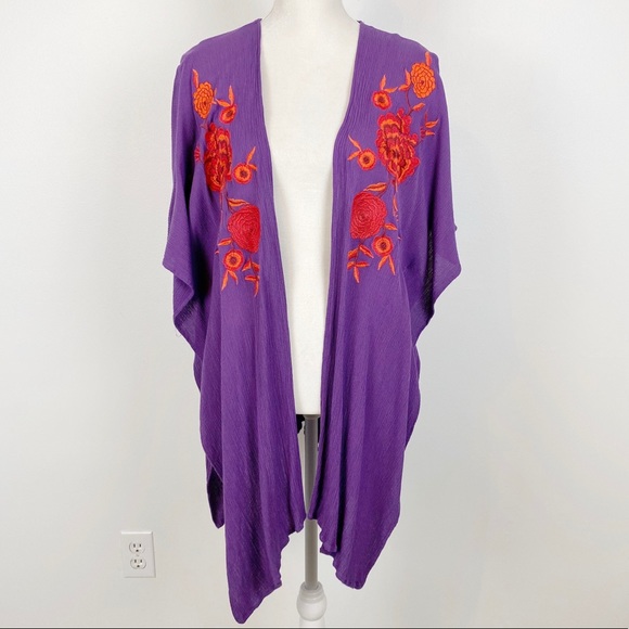 ee:some Tops - ee:some Purple Embroidered Kimono L Red Flowers K